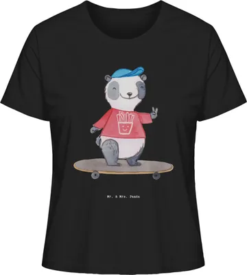 Produktbild von Mr. & Mrs. Panda Oberteil Damen Panda Longboard fahren Größe M - Schwarz - Geschenk, Basic T-Shirt, Skaten, Bio