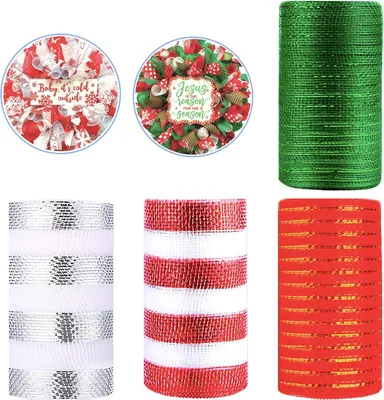 Productafbeelding van 4 rollen kerstdecoratie gaasrollen voor het maken - 15 cm x 10 m wit rood groen kerstlinten gestreept gaas