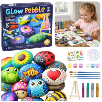 Image de Kit créatif DIY pour peindre des pierres, peintures fluorescentes, colle pailletée