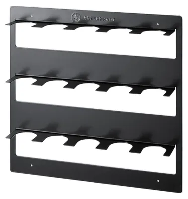 A black metal spice rack with multiple shelves and holders for spice jars.