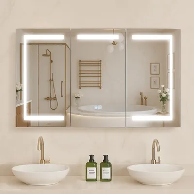 Produktbild von VEVOR beleuchteter Medizinschrank mit Spiegel (100 x 60 cm), 3-farbig dimmbarer LED-Badezimmerschrank mit Spiegel aus gehärtetem Glas, Memory-Funktion/2 verstellbare Regale/Steckdosen und USBs