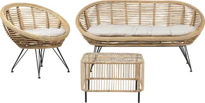 Produktbild von BELIANI 3-Sitzer Lounge Set Natürlich Rattan 3-Teilig Gartensofa Gartenstuhl Couchtisch mit Schwarzem Metallgestell Auflagen Hellbeige Boho Outdoor
