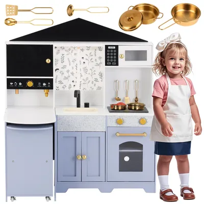 Produktbild von Merax Kinderküche Spielküche aus Holz und Kunststoff, Große Spielküche mit Zubehör, Interaktive Funktionen, Für Kinder ab 3 Jahren, Weiß+Lila