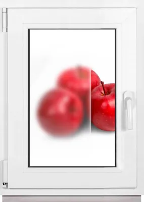 Three red apples are shown on a white background, with a frosted glass effect on the right side of the image.