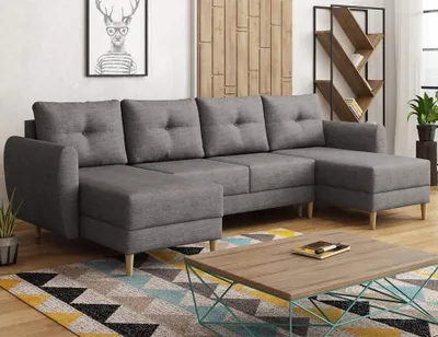 Produktbild von Easy4You Grau Ecksofa Manstad in U-Form 305x95x145 cm mit Schlaffunktion und Bettzeugbehälter - Schlafsofa mit Bettkasten und Holzfüße - Eckcouch mit Stauraum - Stoff: Lux 05