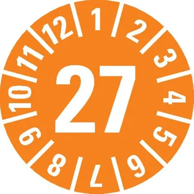 Produktbild von Dreifke® Prüfplakette 27, orange, Schachbrettfolie, selbstklebend, Ø 30mm, 18...