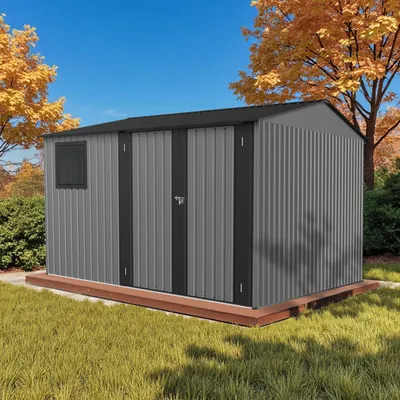 Produktbild von HOMAVO Gerätehaus Metall mit Pultdach, Gartenhaus Metall mit Fundament, 301.9 ×301.2×203.3cm, ideal für Garten, Terrasse oder Rasen