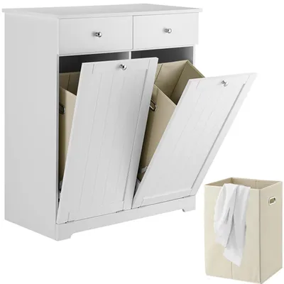 Image de Panier à linge pour salle de bain avec 2 portes rabattables et 2 tiroirs, dimensions : 78 x 38 x 90 cm, couleur : blanc