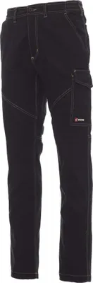 A pair of black cargo pants shown from the front.