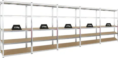 Produktbild von Mega Deal | 5x Schwerlastregal Giant Ragnar | HxBxT 200x120x50cm | 5 MDF-Platten-Ebenen | Fachlast 175kg | Verzinkt