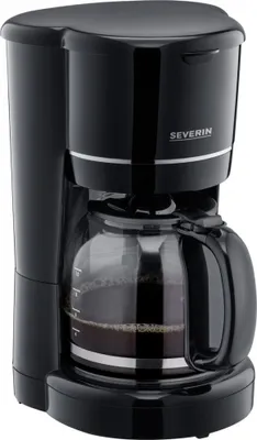 A black Severin coffee maker on a white background.