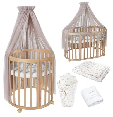 Produktbild von Waldin Babybett OWAL Kinderbett 7in1 mit Matratze, mitwachsendes Kinder-Bett,Stoffe Taupe Zweige,Holz natur
