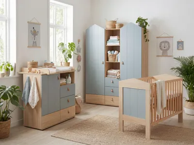 Produktbild von Babyzimmer Set Roofy 3-tlg. Kleiderschrank 2-türig, Wickelkommode. Babybett