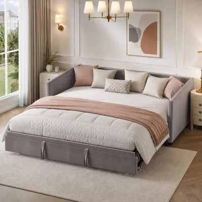 Immagine prodotto di Divano letto INONEFT, 90/180 x 200 cm. Letto per ospiti, letto matrimoniale, struttura imbottita con rete a doghe e schienale, rivestimento in velluto, colore grigio, senza materasso