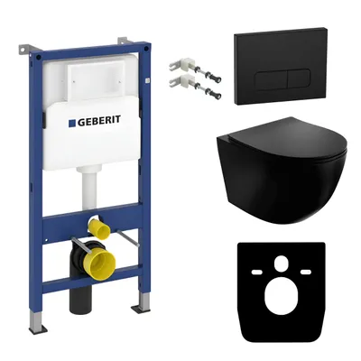Produktbild von DOMINO Geberit Duofix Basic Vorwandelement + Wand-WC Tiefspül Sinto Becken Schwarz Spülrandlos + Schwarz Bedienplatte Delta 25 für Doppelspülung | Set