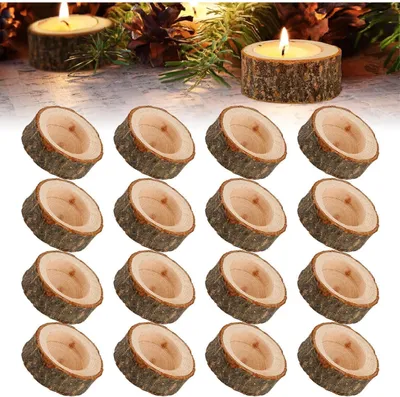 Produktbild von ZEFAN 16er Set Teelichthalter aus Naturholz, Runde Kerzenhalter für Hochzeit, Geburtstag & Weihnachten