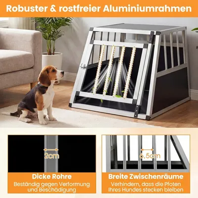 Produktbild von Hundetransportbox aus Aluminium mit abschließbarer Tür und herausnehmbarer Trennwand, trapezförmig für Auto, LKW und Camping, 70 x 54 x 51 cm