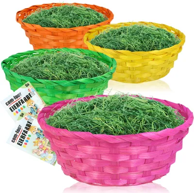Produktbild von com-four® 4x bunte Bastkörbe und Eierfarben als Dekoration zu Ostern - Osternest in tollen Farben - Osterkörbchen mit Ostergras