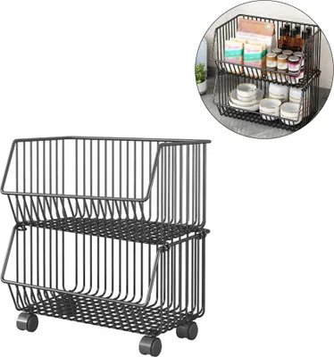 Zdjęcie produktu dla Kosz na owoce z 2 poziomami do wózka kuchennego, metalowy kosz do przechowywania z możliwością układania w stos, kosz na przekąski z kółkami, stojak na pojemniki na ziemniaki/cebulę do kuchni, salonu, domowego biura