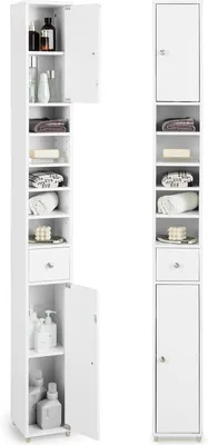 Immagine prodotto di Armadietto da bagno alto e stretto: 2 ante, un cassetto e ripiani regolabili, dimensioni 20 x 20 x 180 cm