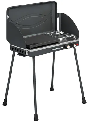 Immagine prodotto di Griglia a gas portatile, 2 bruciatori, 7 kW, con piano di cottura | Colore: nero | Dimensioni: 61x47x88 cm