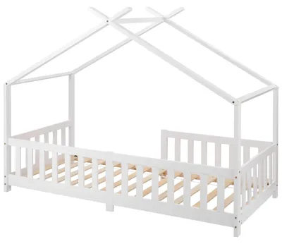 Produktbild von Kinderbett - Hausbett mit Rausfallschutz - 90x200 cm - Massivholz Kiefer - Bettgestell mit Lattenrost - Bis 150 kg belastbar - Weiß