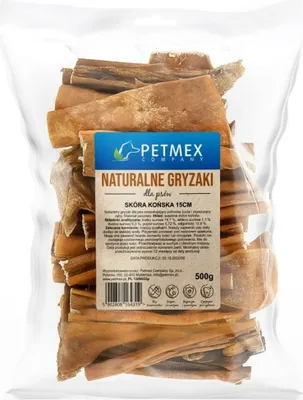 A clear plastic bag filled with dog treats, with a label in the center.