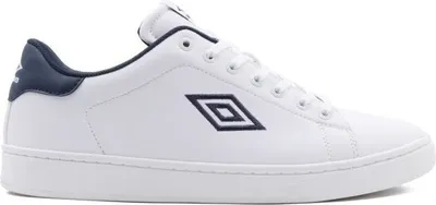 A white Umbro sneaker with navy accents is shown against a white background.