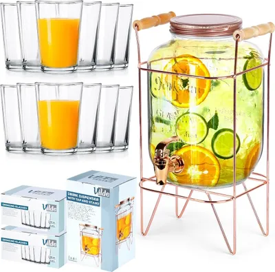 Obrázok produktu pre Vilde dávkovač nápojov s kohútikom Sklenený dávkovač s kohútikom a stojanom 4,2 l + poháre na pitie 12 ks 200 ml
