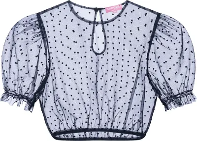 Produktbild von Krüger Dirndlbluse Faora, blau, Größe 34, mit transparentem Oberstoff und hochgeschlossenem Ausschnitt