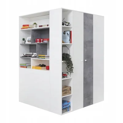 A white corner wardrobe with gray concrete-effect panels and shelves filled with books and decorative items.
