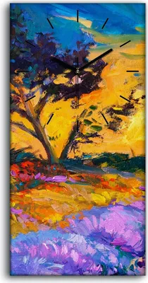 Produktbild von Küchenuhr Bürouhr Leinwand Uhr 30x60 Gemälde Wiese Baum Himmel Sonnenuntergang - schwarze Hände