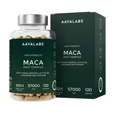 Produktbild von Aavalabs Maca Kapseln | Gelb & Schwarz | Vitalität & Hormone | 120 Kapseln