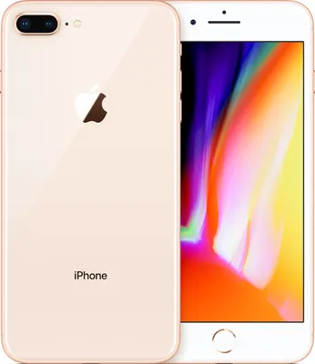 A product shot of an iPhone 8 Plus, showing both the front and back of the device.
