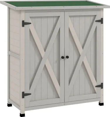 Image de Outsunny Abri de jardin armoire de jardin rangement pour outils sur pied 2 portes 2 étagères toit bitumé étanche 110L x 55l x 117H cm bois massif pin pré-huilé gris