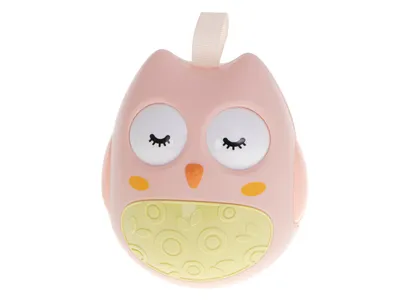 A pink owl-shaped sensory toy is shown against a white background.