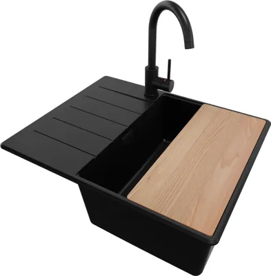 Produktbild von PRIMAGRAN Granitspüle Alles Schwarz 62x50cm, Spülbecken 1 Becken + Ablauf-Set + Küchenzubehörset, Küchenspüle ab 45er Unterschrank - Kopenhagen
