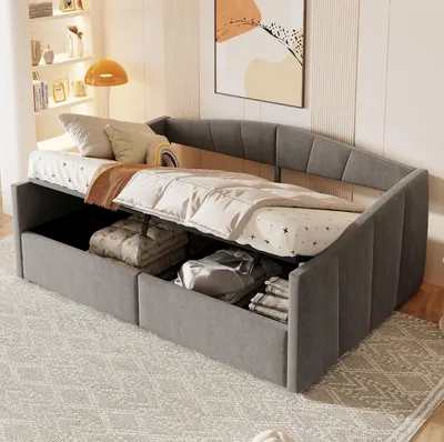 Produktbild von Sweiko Polsterbett Sofabett 140x200 cm, Mit hydraulischer Lagerung, Mit Lattenrost und Armlehnen, Klassische Streifen, Vielseitiges Doppel, Hautfreundlicher Samtstoff, Grau
