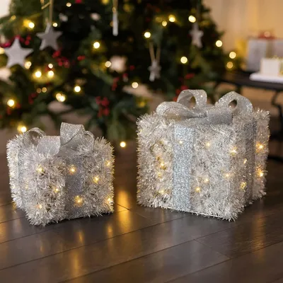 Image de 2x LED Deko "cadeau" en argent, décoration de Noël intérieure, décoration lumineuse, décoration d'hiver éclairée pour buffet, sapin de Noël, table