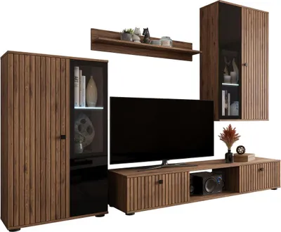 Produktbild von MIRJAN24 Wohnwand Salsa MDF, Mediawand, Wohnzimmer-Set, Anbauwand, Vitrinen mit Glasböden (Farbe: Nuss Okapi, mit LED Beleuchtung)
