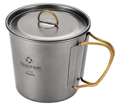 Obrázek produktu pro Titan Outdoor, cestovní hrnek o objemu 450 ml s víkem a skládacími úchyty – lehký hrnek vhodný pro kempování, turistiku, túry a pikniky