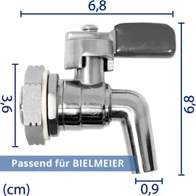 A close-up view of a metal faucet with dimensions indicated by blue lines and numbers.