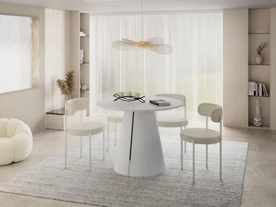 Produktbild von Esstisch Rund Ausziehbar im Loft-Stil – 100 bis 180 cm – Industrieller Platzsparender Tisch mit Weißen Konischem Metallbeinen für 5 bis 8 Personen, Esszimmer – Weiß