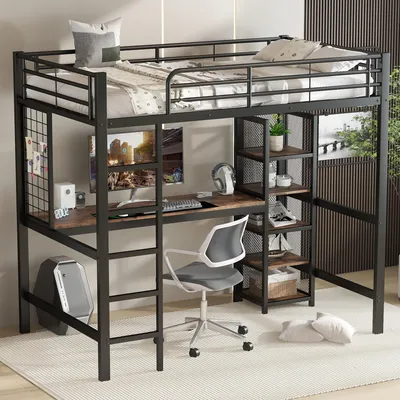 Produktbild von Merax Hochbett 90x200 mit Tisch und Regal, Kinderbett mit Metallgitter und Leiter, Geländer, platzsparend & stabil, Eisen+MDF, Schwarz + dunkles Holz