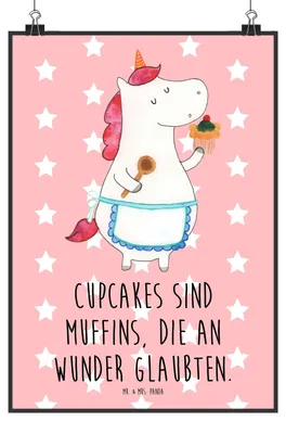 Produktbild von Mr. & Mrs. Panda Bild Einhorn Küche DIN A2 - Rot Pastell - Geschenk, Wandbild, drucke, Unicorn, Kuchen, Torte, Koch, Wanddekoration, wanddeko, Plakat, Einhörner