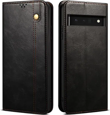 A black leather flip wallet case for a Google Pixel 7 Pro is shown from two angles.