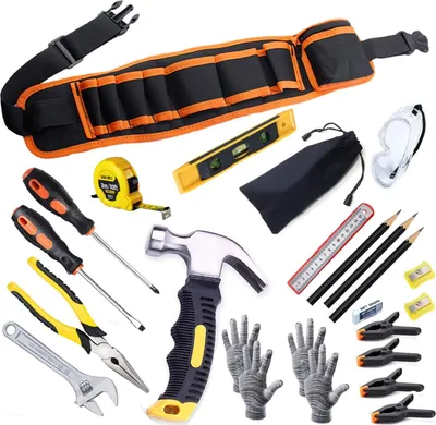 Image de Kit d'outils pour enfants, 25 pièces, comprenant un marteau et une ceinture à outils, idéal pour les travaux de bricolage à la maison