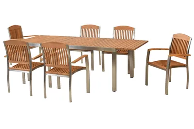 Obrázek produktu pro Sada zahradního nábytku Merxx Keros 7 ks, 6 stohovatelných křesel, 1 rozkládací stůl 180 (240) x 100 cm – nerezová ocel/akácie