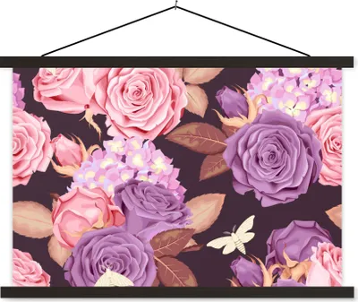 Produktbild von MuchoWow® Textilposter Blumen - Schmetterlinge - Lila - Rosa 120x80 cm mit schwarzem Rahmen - Wanddeko