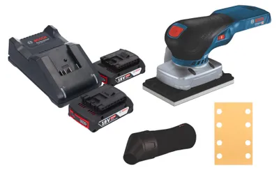Zdjęcie produktu dla Szlifierka oscylacyjna Bosch GSS 18V-13 Professional 18 V 100 x 110 mm + 2x akumulator 2,0 Ah + ładowarka